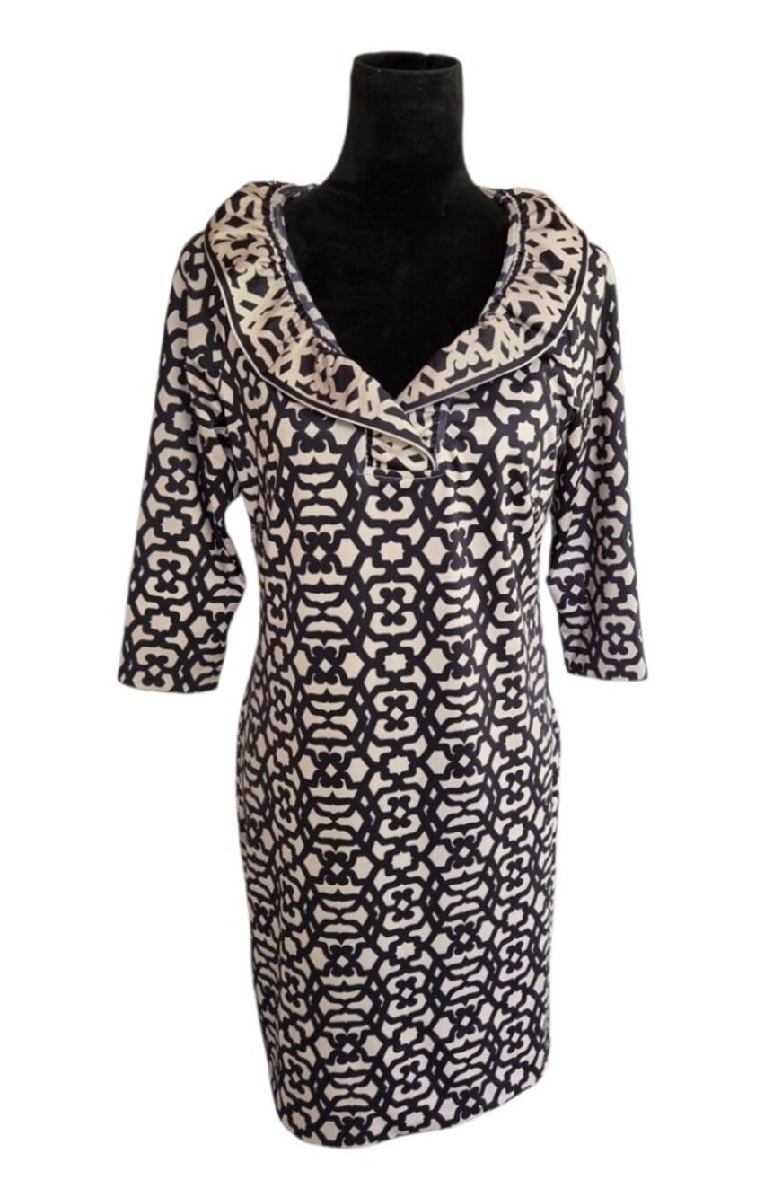 Gretchen Scott Ruffneck Shift Dress Geometric Lattice Print 3/4 Sleeve Size M